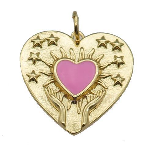copper Heart pendant, pink enamel, gold plated