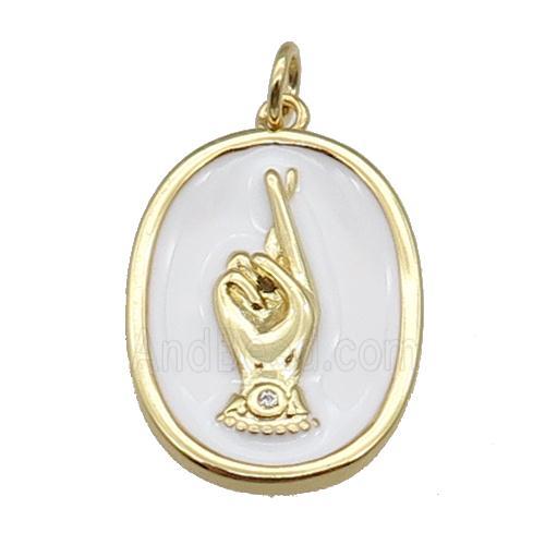 copper oval pendant with white enamel, hand, gold plated