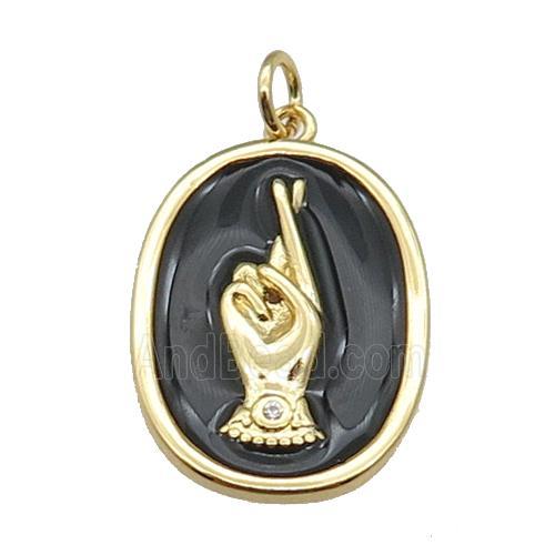 copper oval pendant with black enamel, hand, gold plated