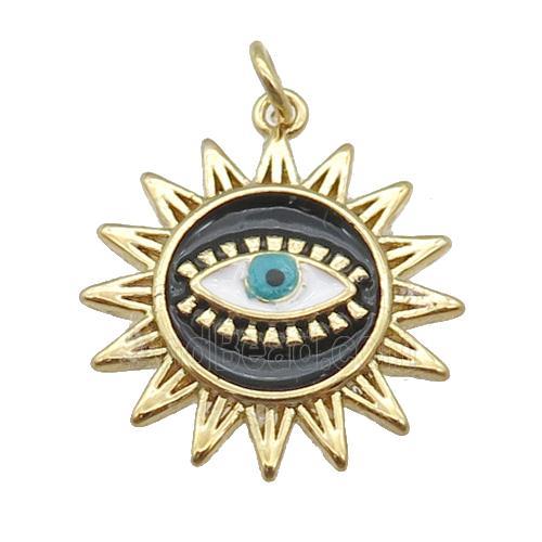 copper sun pendant with black enamel, Evil Eye, gold plated