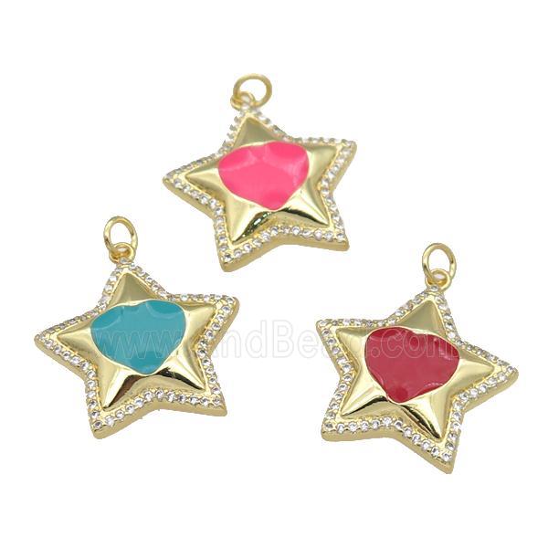 copper Star pendant paved zircon, enamel, gold plated, mixed