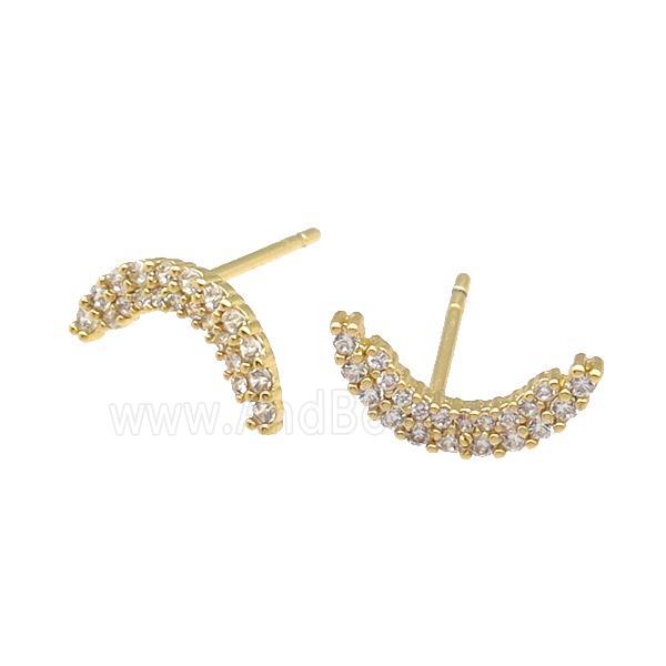 copper Stud Earring paved zircon, moon, gold plated