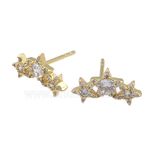 copper Stud Earring paved zircon, star, gold plated