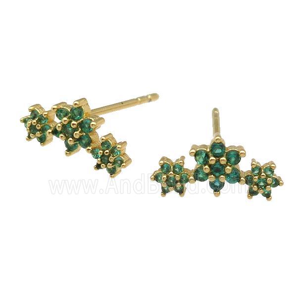 copper Stud Earring paved green zircon, flower, gold plated