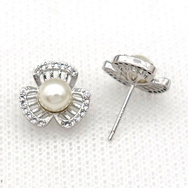 copper flower Stud Earring paved zircon with pearlized shell, platinum plated