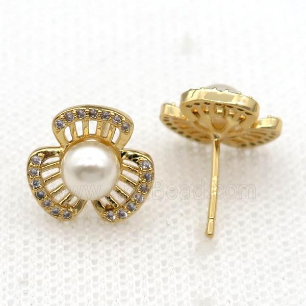 copper flower Stud Earring paved zircon with pearlized shell, gold plated
