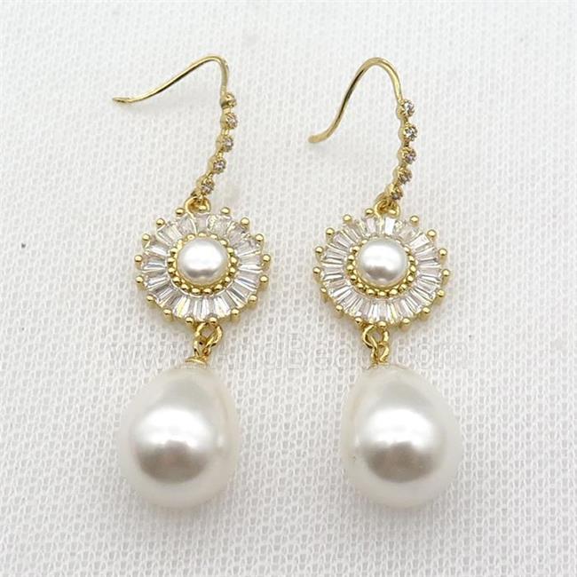 copper Hook Earring paved zircon with pearlized shell, flower, gold plated