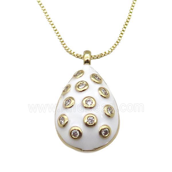 copper Necklace with teardrop paved zircon, white enamel, gold plated