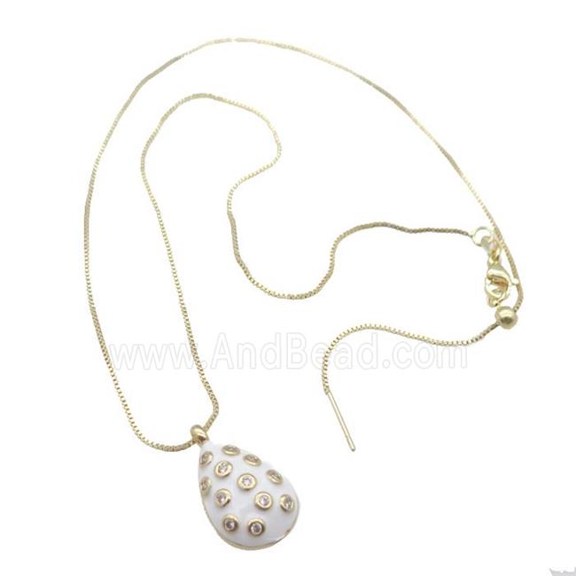 copper Necklace with teardrop paved zircon, white enamel, gold plated