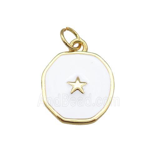 copper circle pendant with white enamel, star, gold plated
