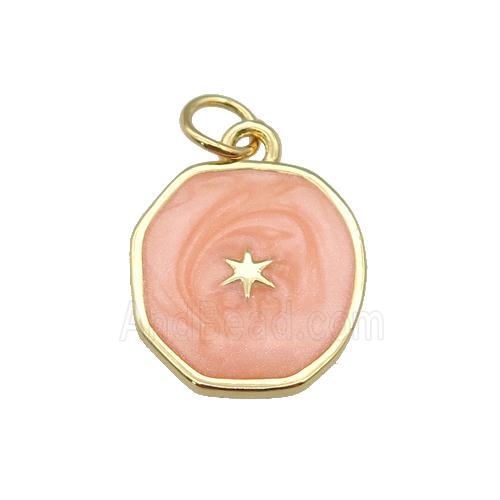 copper circle pendant with peach enamel, star, gold plated