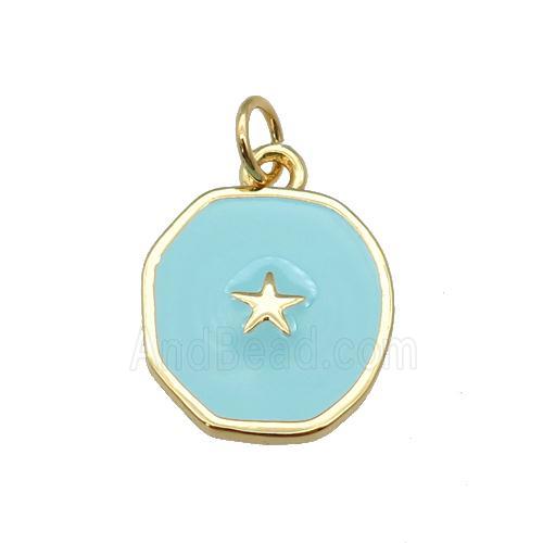 copper circle pendant with teal enamel, star, gold plated