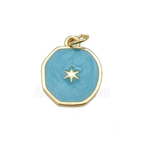 copper circle pendant with deepgreen enamel, star, gold plated