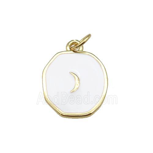copper circle pendant with white enamel, moon, gold plated