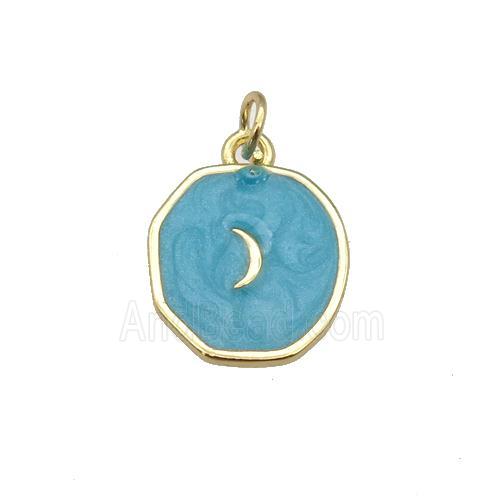 copper circle pendant with deepgreen enamel, moon, gold plated