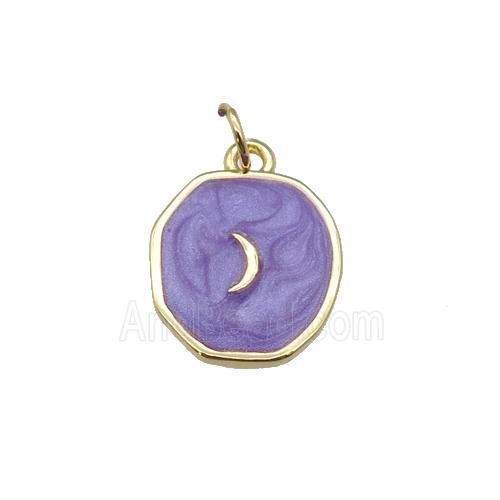 copper circle pendant with purple enamel, moon, gold plated