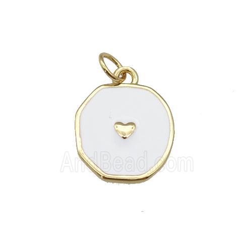 copper circle pendant with white enamel, heart, gold plated