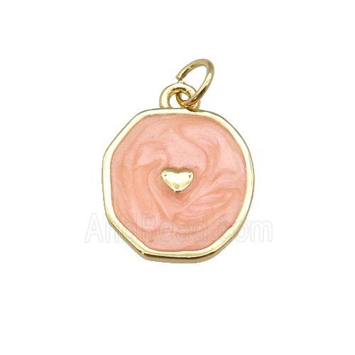 copper circle pendant with peach enamel, heart, gold plated