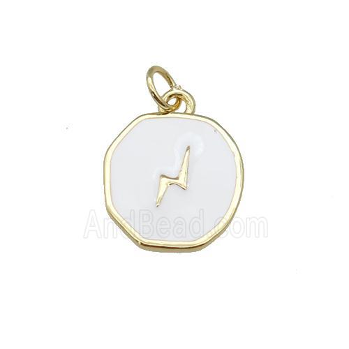 copper circle pendant with white enamel, lightning, gold plated