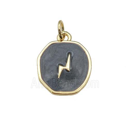 copper circle pendant with black enamel, lightning, gold plated