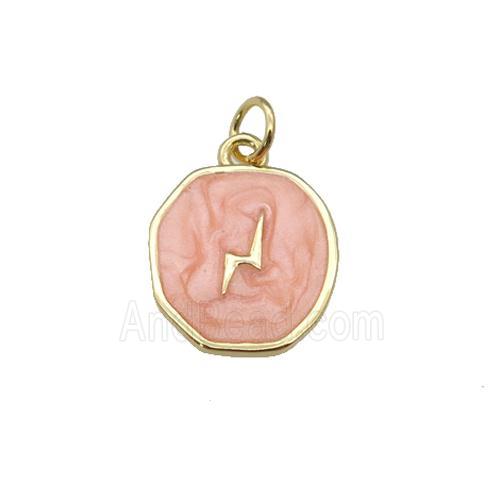copper circle pendant with peach enamel, lightning, gold plated