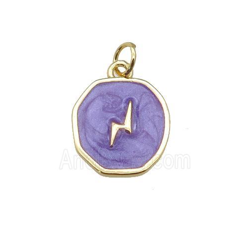 copper circle pendant with purple enamel, lightning, gold plated
