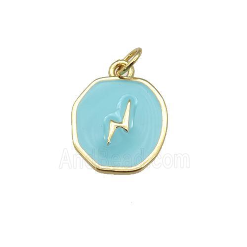 copper circle pendant with teal enamel, lightning, gold plated