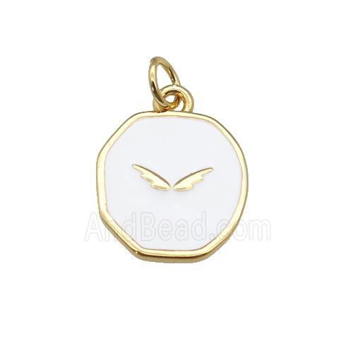 copper circle pendant with white enamel, wing, gold plated