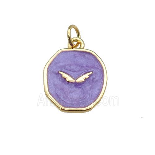 copper circle pendant with purple enamel, wing, gold plated