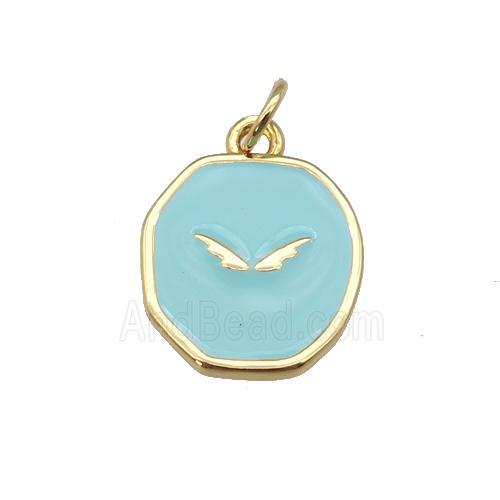 copper circle pendant with teal enamel, wing, gold plated