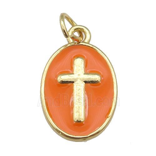 copper oval pendant with orange enamel, cross, gold plated