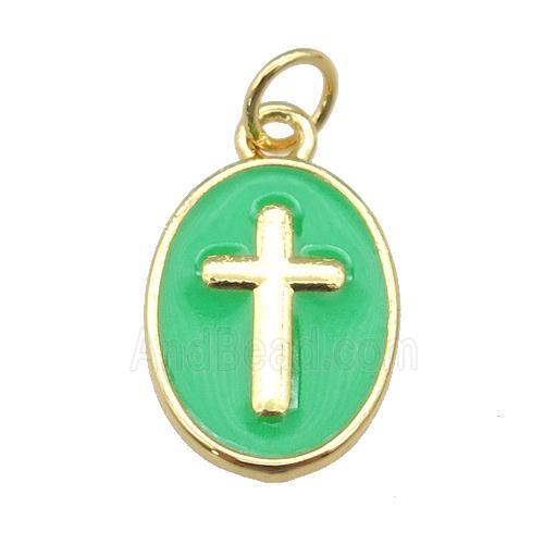 copper oval pendant with green enamel, cross, gold plated