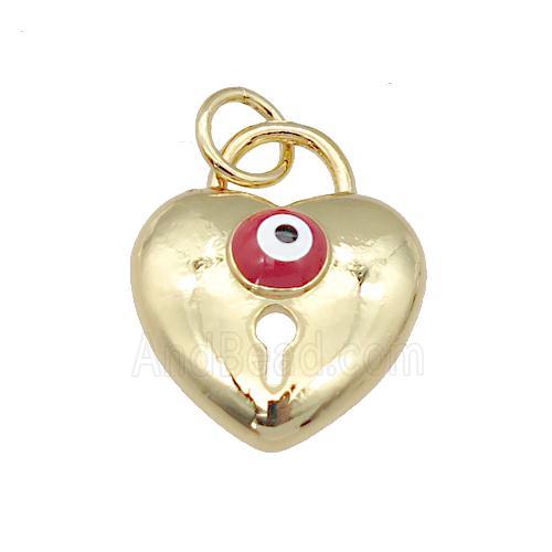 copper Heart pendant with red enamel Evil Eye, gold plated
