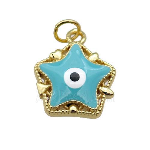 copper Star pendant with teal enamel, evil eye, gold plated