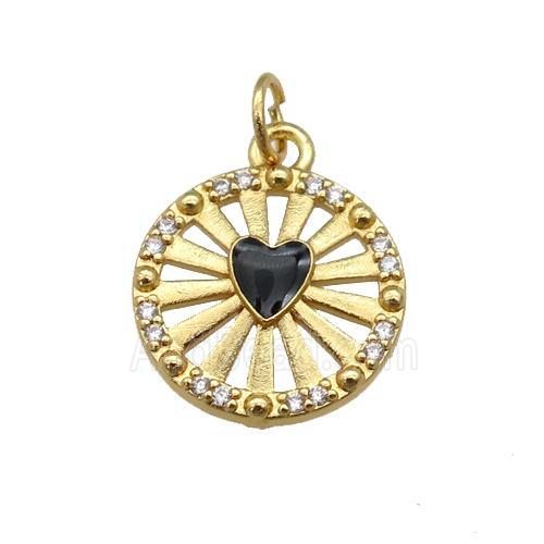 copper circle pendant paved zircon with black enamel heart, gold plated