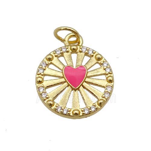 copper circle pendant paved zircon with hotpink enamel heart, gold plated