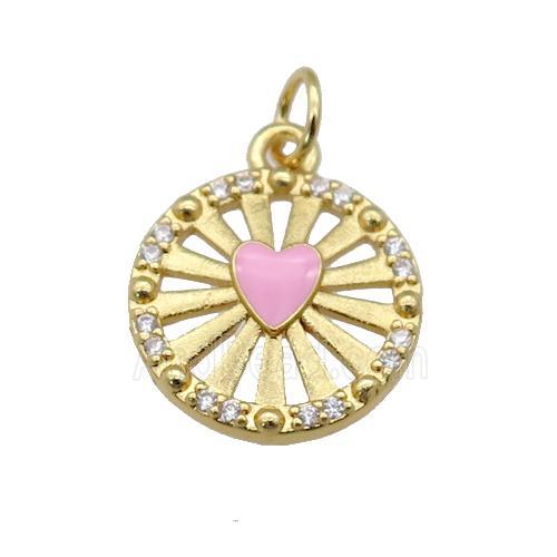 copper circle pendant paved zircon with pink enamel heart, gold plated