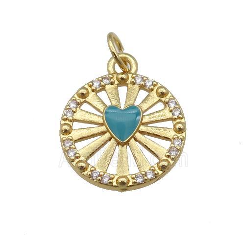 copper circle pendant paved zircon with teal enamel heart, gold plated