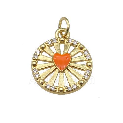 copper circle pendant paved zircon with orange enamel heart, gold plated