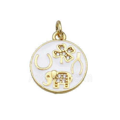 copper circle pendant paved zircon with white enamel, elephant, clover, gold plated