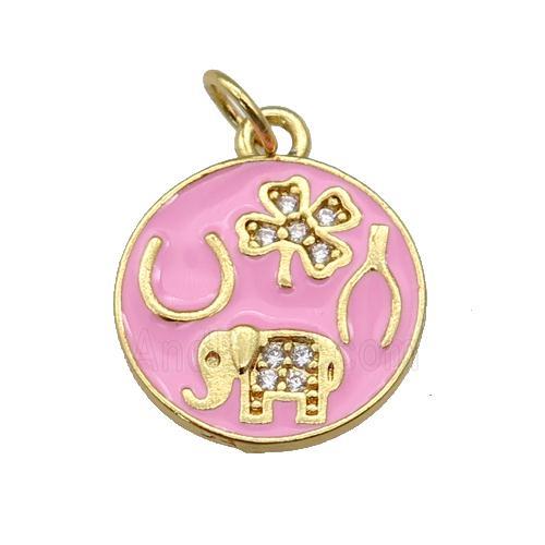 copper circle pendant paved zircon with pink enamel, elephant, clover, gold plated