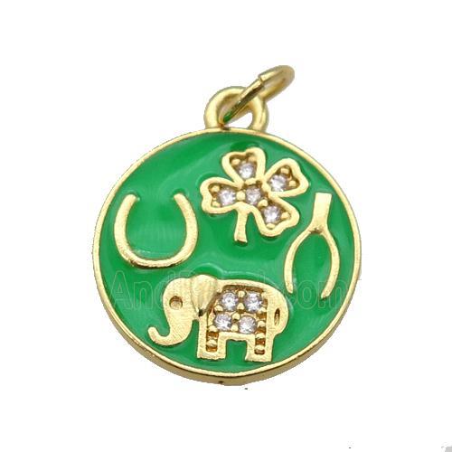 copper circle pendant paved zircon with green enamel, elephant, clover, gold plated