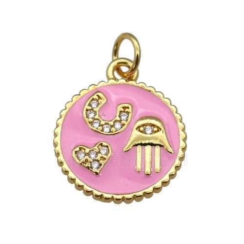 copper circle pendant paved zircon with pink enamel, hand, heart, gold plated