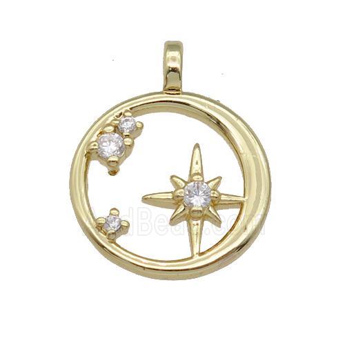 copper circle pendant paved zircon, star, gold plated