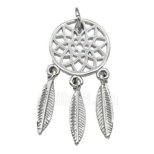 copper Dream Catcher pendant, feathers, platinum plated
