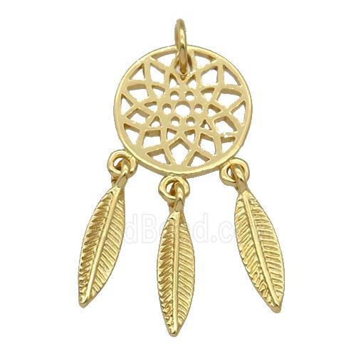 copper Dream Catcher pendant, feathers, gold plated
