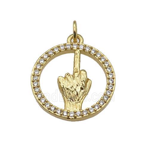 copper circle pendant paved zircon, hand gesture, gold plated