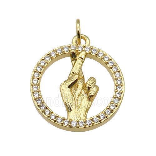 copper circle pendant paved zircon, hand gesture, gold plated