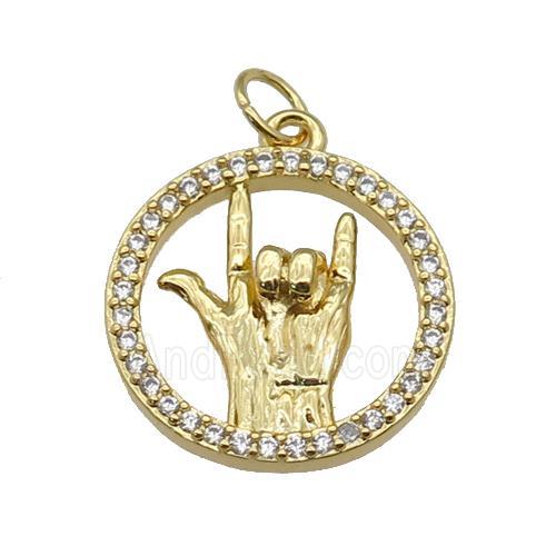 copper circle pendant paved zircon, hand gesture, gold plated