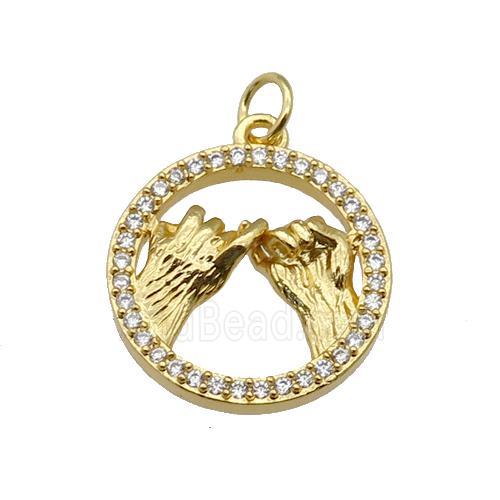 copper circle pendant paved zircon, hand gesture, gold plated